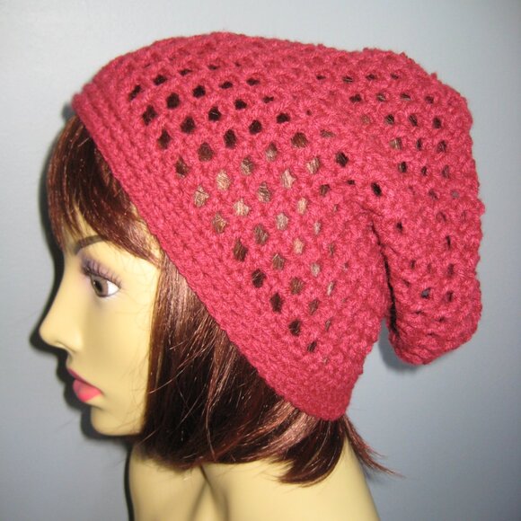 Burgundy Hand knit / Crochet Mesh Style Lightweight Winter Beanie Unisex - NEW - Picture 2 of 6